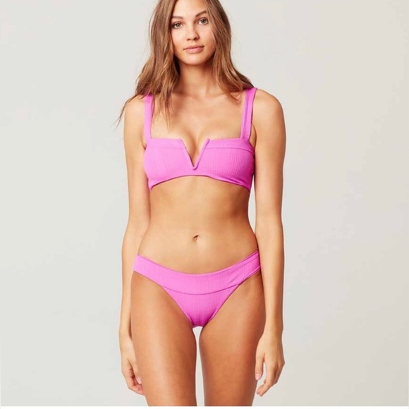L*Space Lee Lee Bikini Set Bright Pink Ribbed Barbiecore Two Piece Swim Medium - Picture 2 of 15